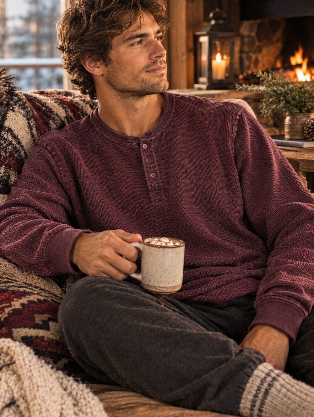 GAP Burgundy Waffle Knit Thermal Henley Long Sleeve Shirt - Men's M